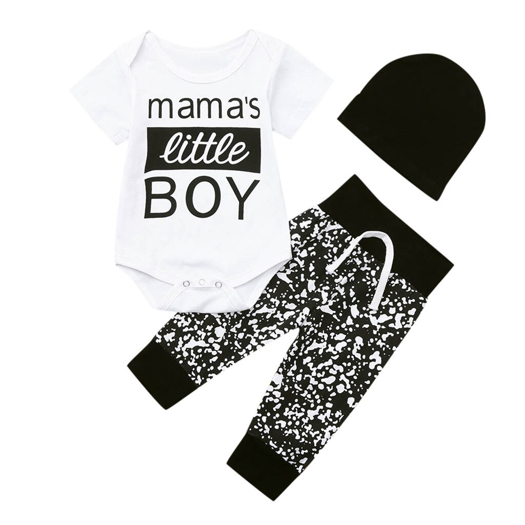 Mama's Born Baby Boy Clothes Newborn Kid Baby Boy 3pcs Clothes Set Letter Romper Bodysuit Pants Hat Outfits ملابس أطفال: 6M