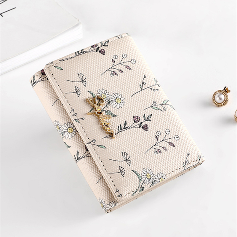 Women Wallets PU Leather Female Coin Purse Flower Printed Multi-Cards Holder Lady Short Slim Wallet Zipper Hasp: Beige