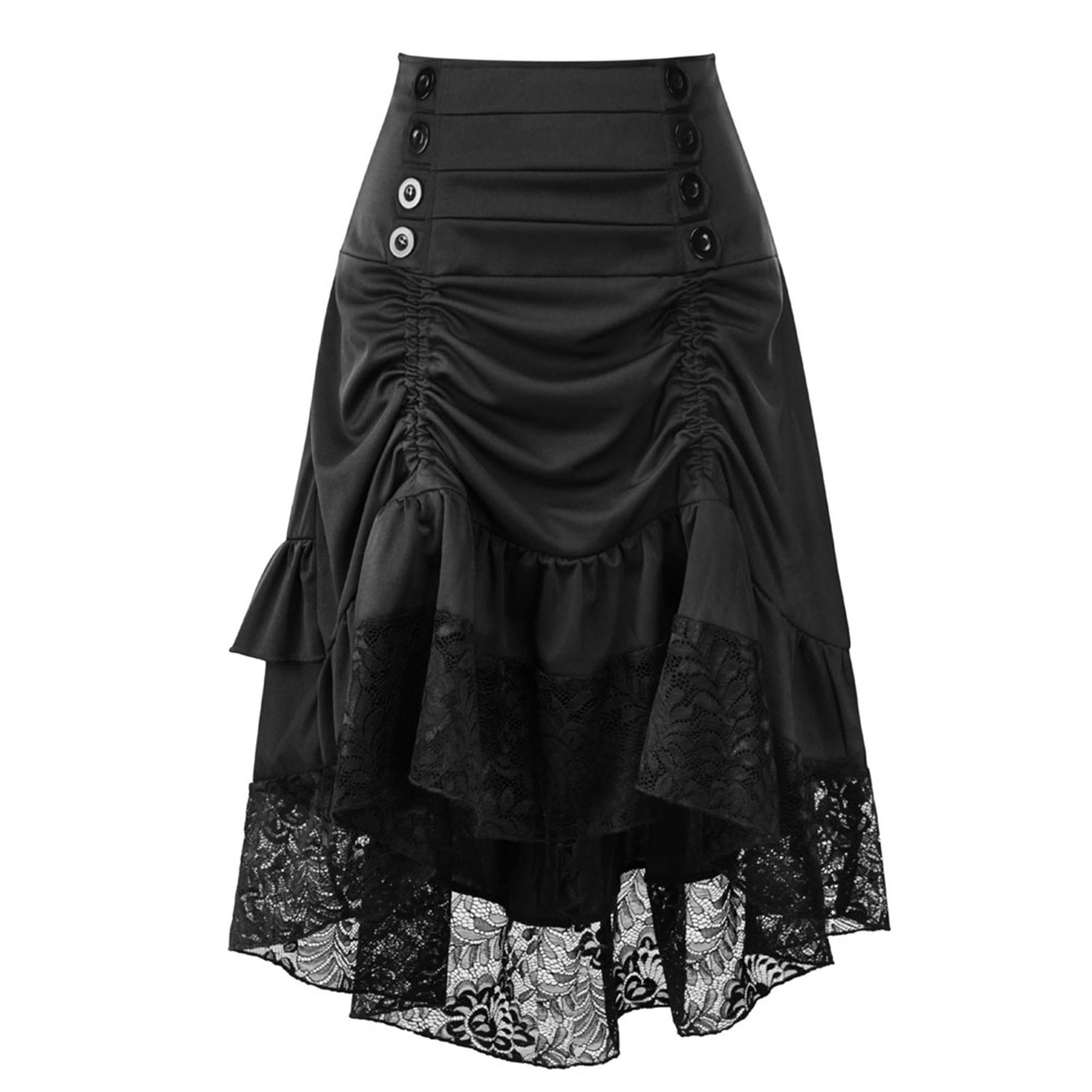 Halloween Half Skirts Gothic Solid Color High Waist Button Lace Stitching Ruched Drawstring Irregular Skirt Medieval Faldas: XXL / black