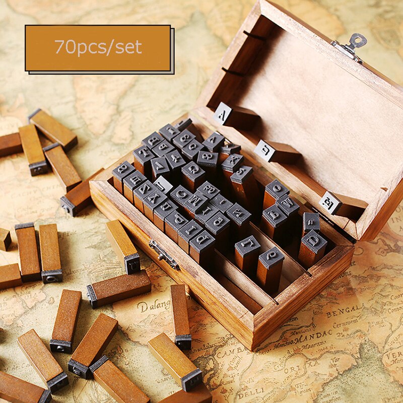 70pcs/set DIY Number Alphabet Combination Letter Stamp Diary Ablum Wedding Letter Wood Rubber Stamp Set with Vintage Wooden Box