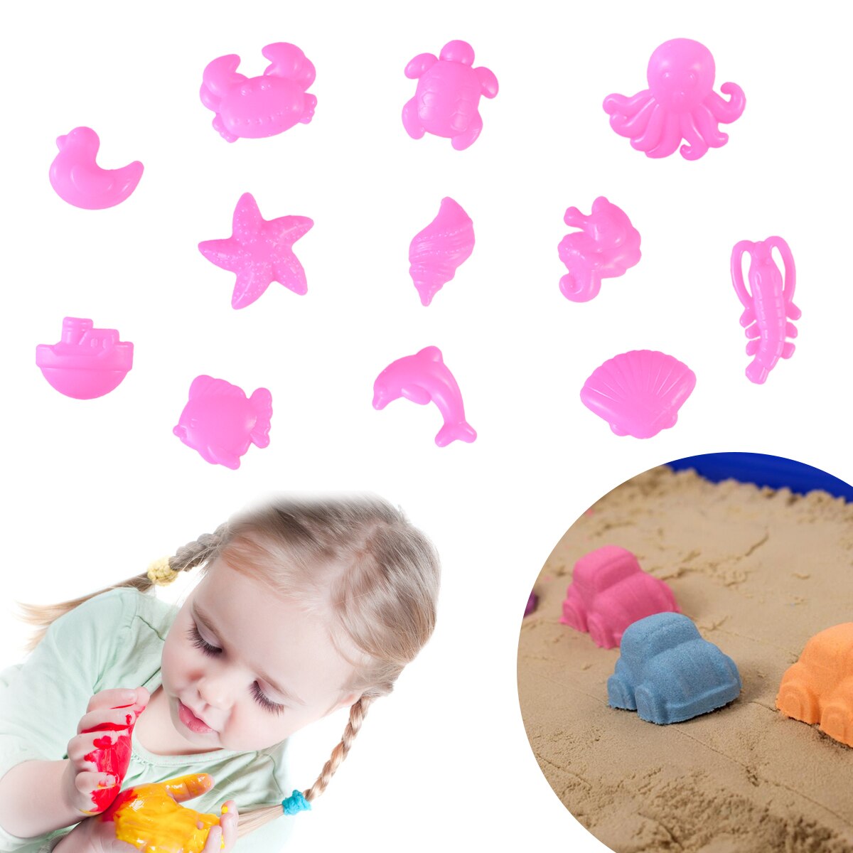 12pcs Play Sand Molds Beach Sand Toys Set Sand Tray Toys Sand Molds Set for Kids(Small/Ocean/ Random Color): Default Title