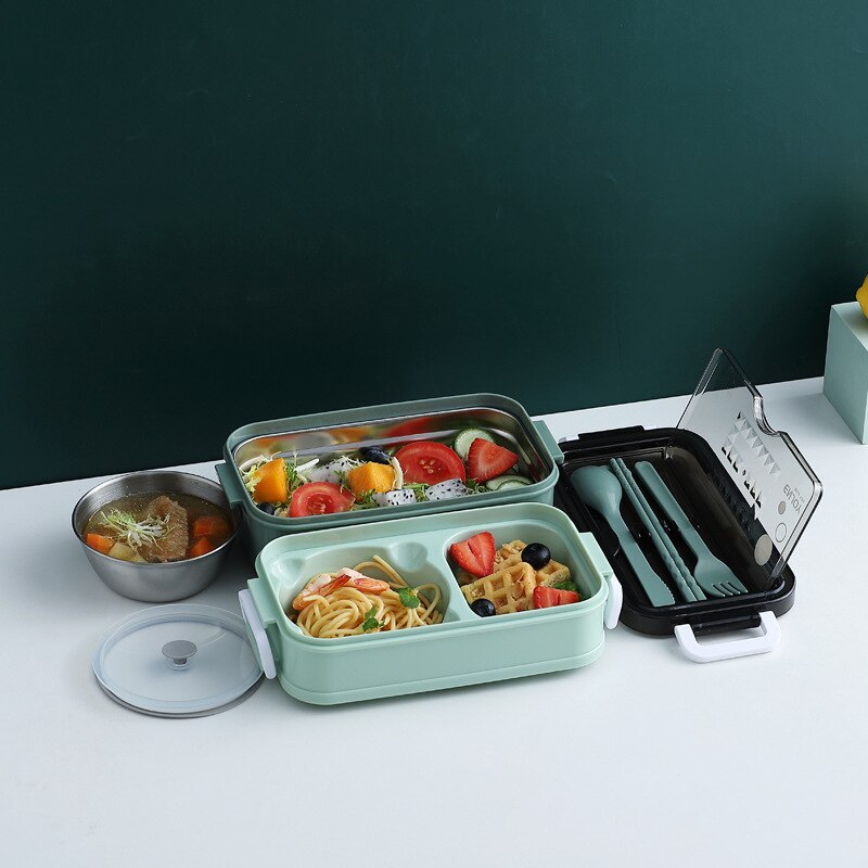 Madpakke bento boks til studiekontorarbejder dobbeltlags mikrobølgeovn opvarmning frokostbeholder madopbevaringsbeholder: Grøn