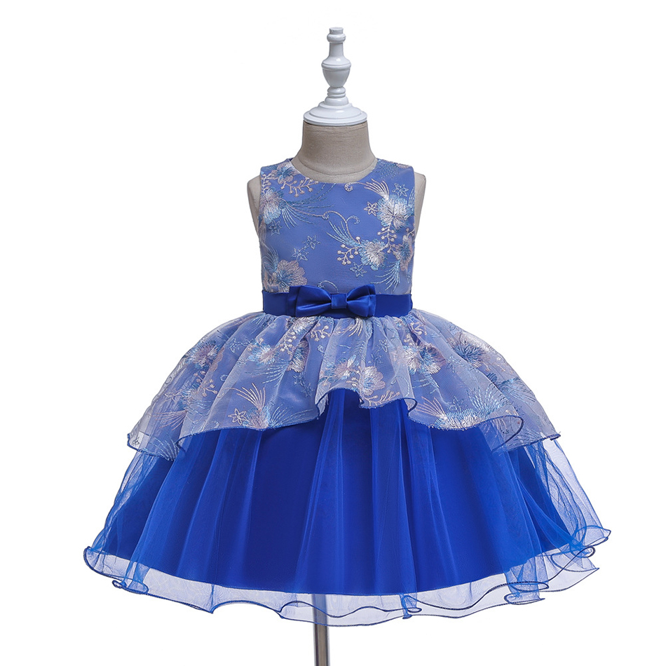 Baby Girl Embroidery Dresses Flower Sleeveless Tutu Bow Princess Dress Birthday Party Summer Kids Clothing vestido: Blue / 3T
