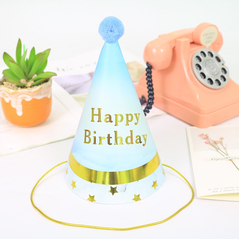 Happy Birthday Party Hats Colorful Paper Cap With Wool Ball First Birthday Hats Child Princess Crown Party Supplies Baby Shower: Color 7