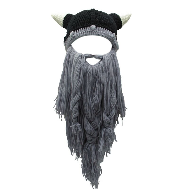 Voksen skør sjov halloween cosplay strikket viking skæg horn hat skimaske barbar vagabond vintage beanie cap vinter varmere: -en