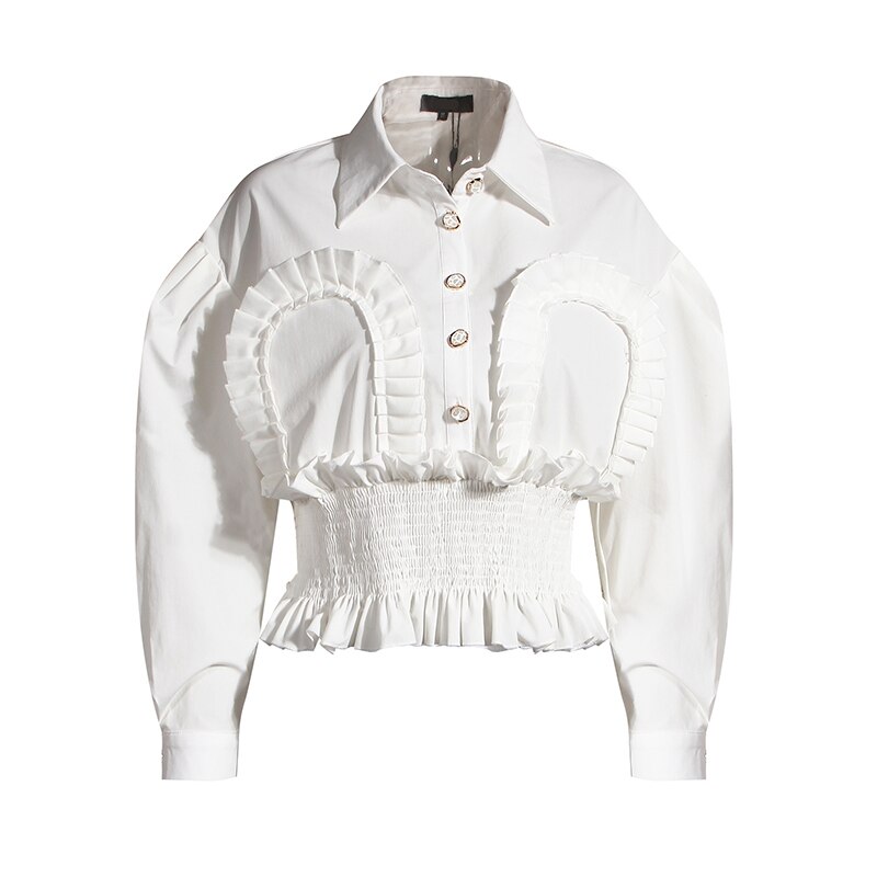 Twotwinstyle vintage patchwork rynkade toppar för kvinnor lapel puffärm tunika skjorta femaele höstvatten: S