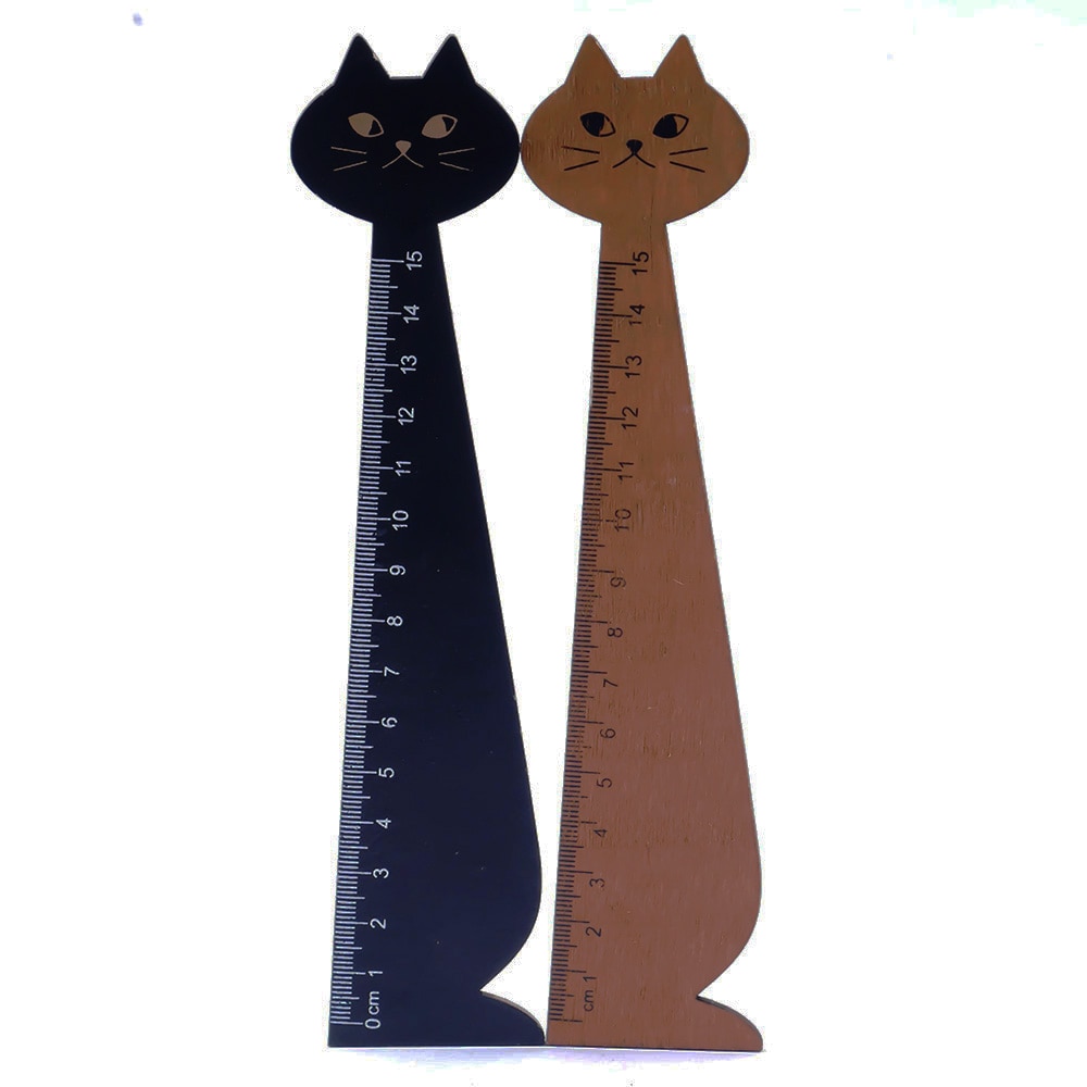 Regla de 15cm con forma de gato, regla recta de animales de madera, para útiles escolares para niños, papelería, negro, amarillo, 1 ud.