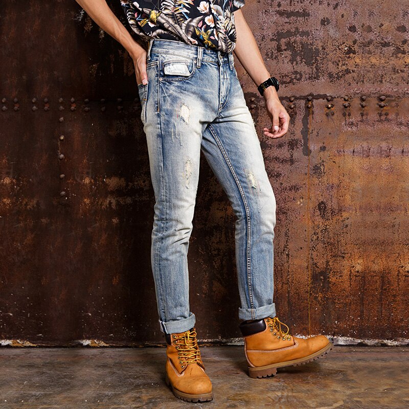 Streetwear de los hombres pantalones vaqueros de Slim luz azul Jeans hombres bordado pantalones de Hip Hop pantalones vaqueros hombre