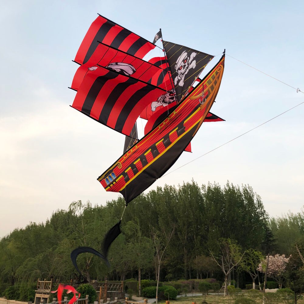 3D pirate ship kite with tails single line sailboat flying kite outdoor fun toys for kids children and audlts