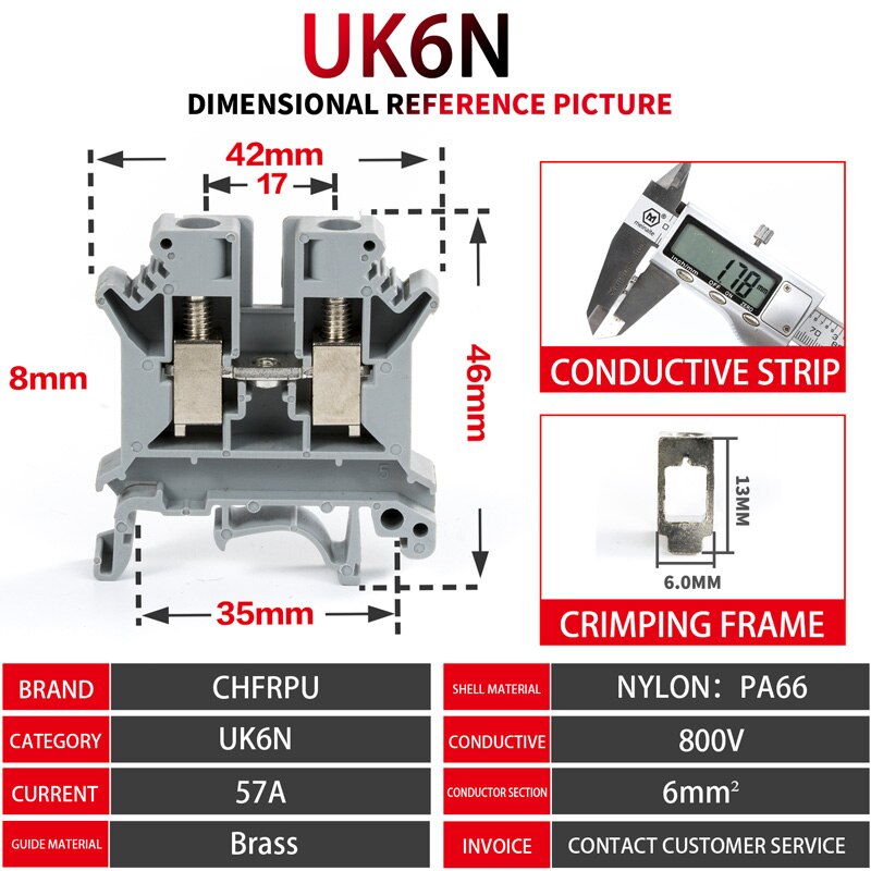 10Pcs Din Rail Terminal Block UK-6N Connductor Universal Class Screw Wire Connector Strips Disassemble assembly