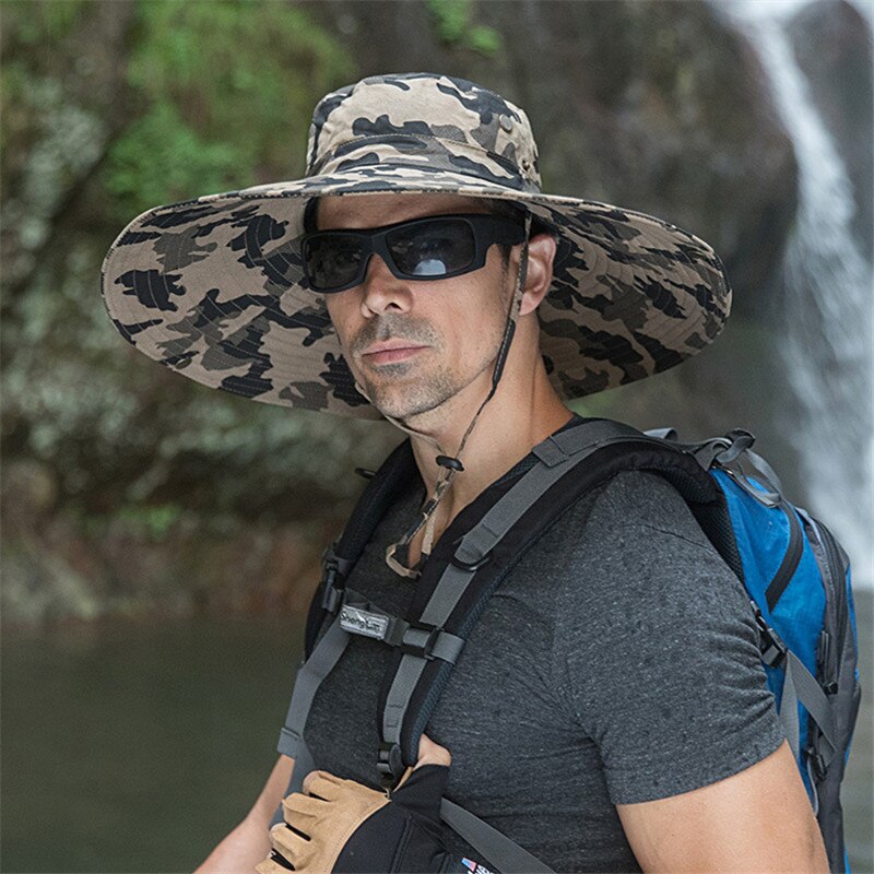 16cm lange brede solhat hat åndbar safari hat mænd kvinder boonie hat sommer uv beskyttelse cap vandreture fiskeri spand hat strand: Khaki camo