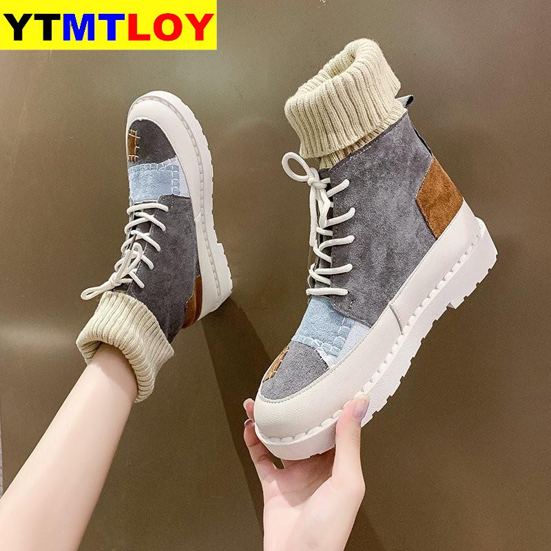 Høst og vinter eksplosjoner semsket lerret fargematchende vill high-top ull munnstøvler damesko 3 farger damestøvler