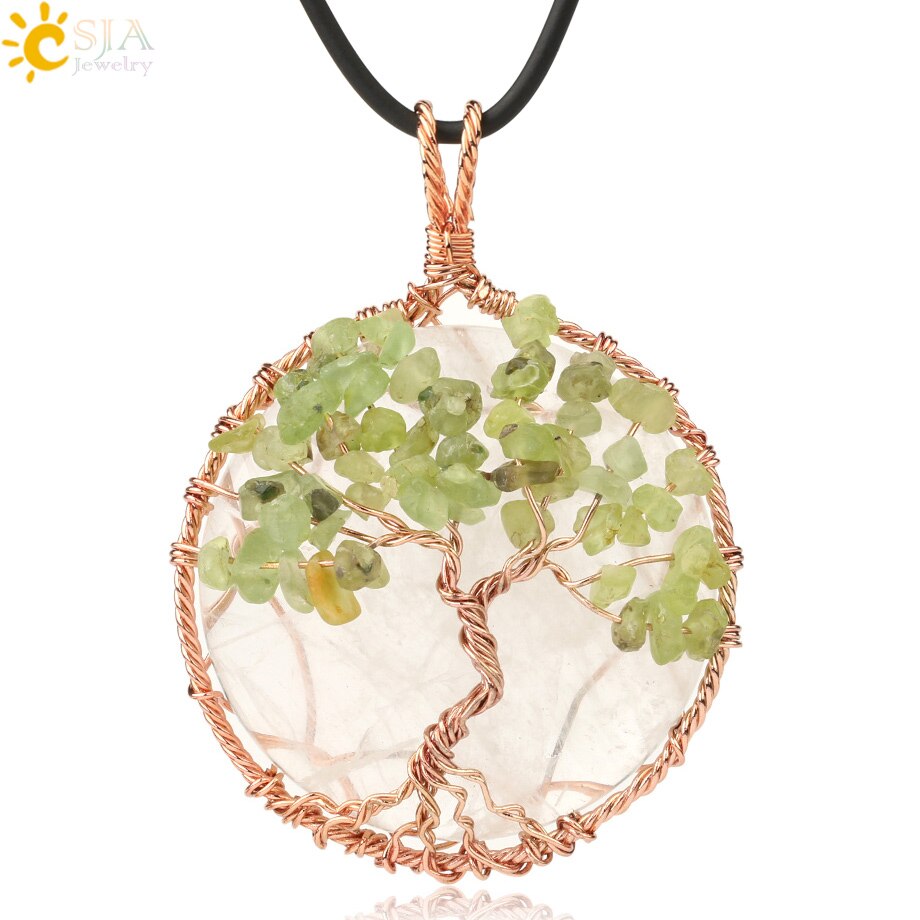 CSJA Natural Cabochon Stone Tree of Life Pendant Rose Gold Color Wire Wrap Chip Bead Wisdom Tree Healing Women Men Necklace G193: White Crystal Chain