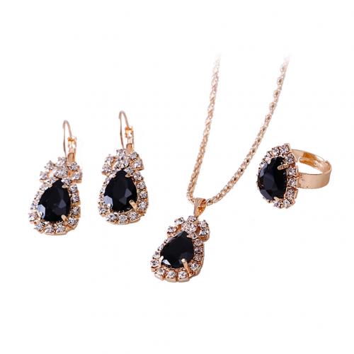 Waterdrop Shiny Rhinestones Necklace Ring Earrings Women Jewelry Set: Black