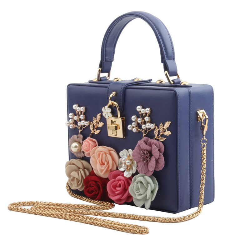 Luxe Handtassen Voor Vrouwen Diamant Schouder Crossbody Tassen Kettingen Avond Flappen Dames Bloem Doos Lock Clutch Purse: Blue