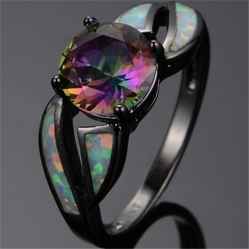 FDLK The Women's Classic Multicolor Mystery Rainbow Opal Black Color Ring: 6