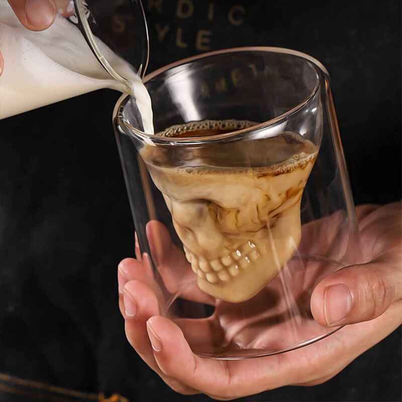 Double Layer Transparent Skull Head Coffee Mug Crystal Glass Cup For Home Bar Club Whiskey Wine Vodka And Beer Thick Wine Glass