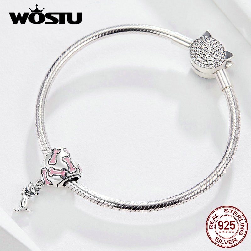 WOSTU Buddy Dog Bone Heart Dangle Charm 100% 925 Sterling Silver Beads Fit Original Bracelet Necklace Silver 925 Jewelry CQC1199