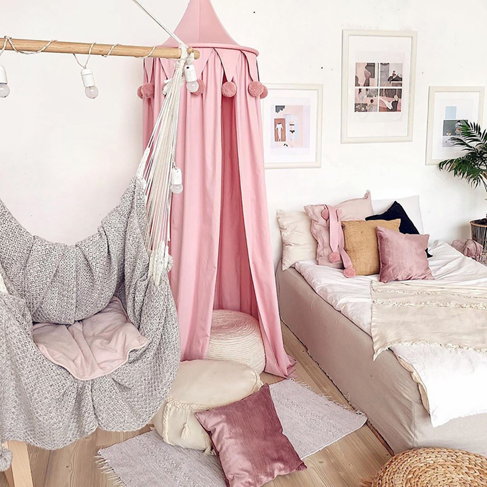Nordic Thick Lace Pompom Baby Mosquito Net Bed Valance Cotton Children Hanging Tent Bed Canopy Home Bedroom Decoration