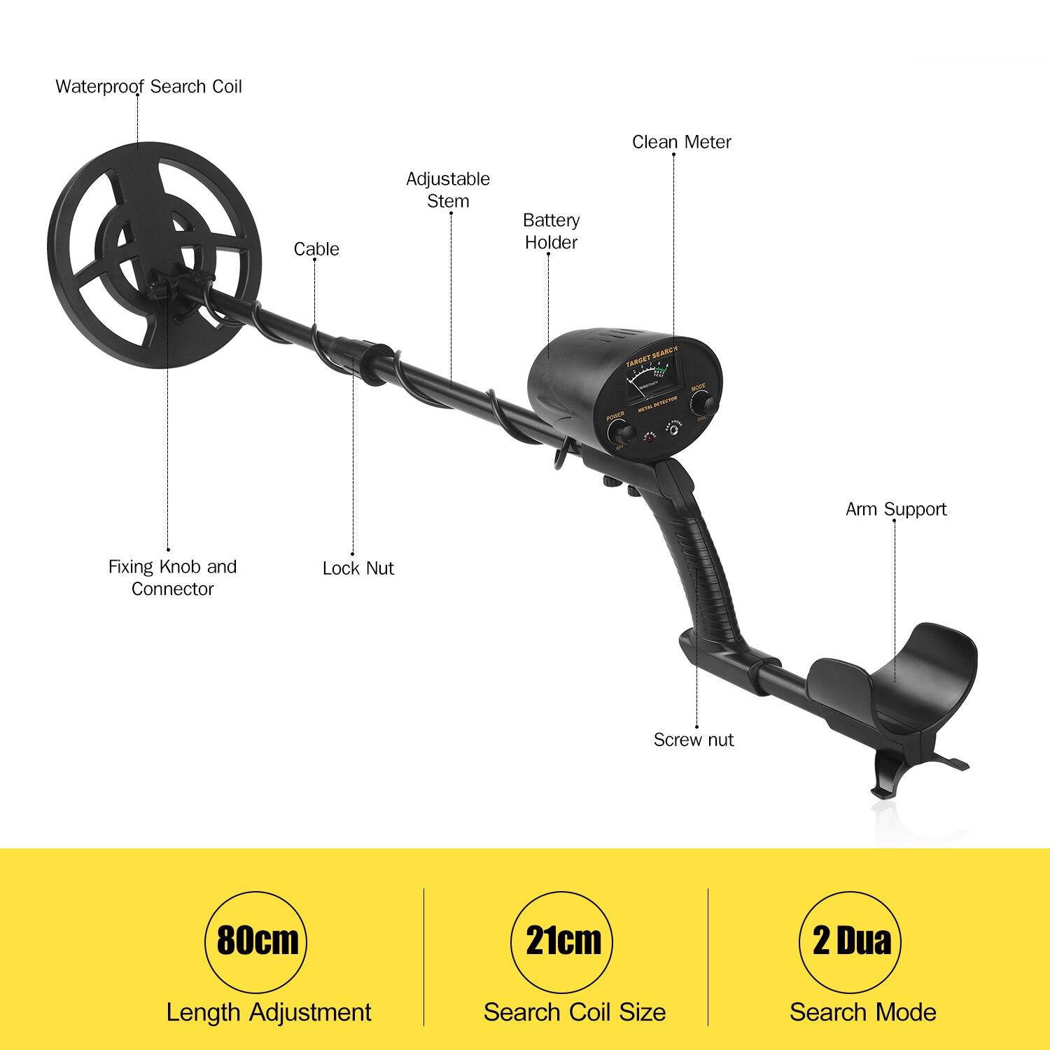 Metal Detector Dual Mode High-Accuracy Metal Finder w/ Waterproof Search Coil Adjustable Stem Treasure Gold depth metal detector