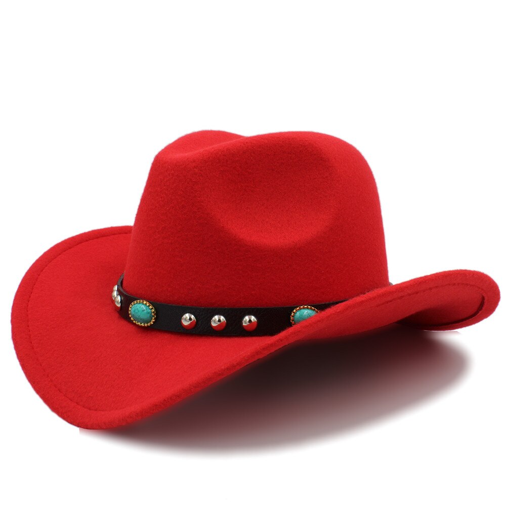 Kvinder uld hule vestlige cowboy hat roll-up bred skygge dame jazz sombrero hombre cowgirl kasket med punk bælte størrelse 56-58cm: Rød