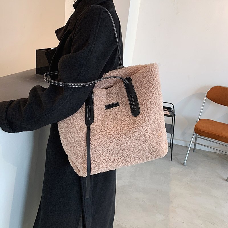 Sacs à main en fausse fourrure pour femmes, grand sac à bandoulière de luxe, fourre-tout pour dames, hiver: Kaki