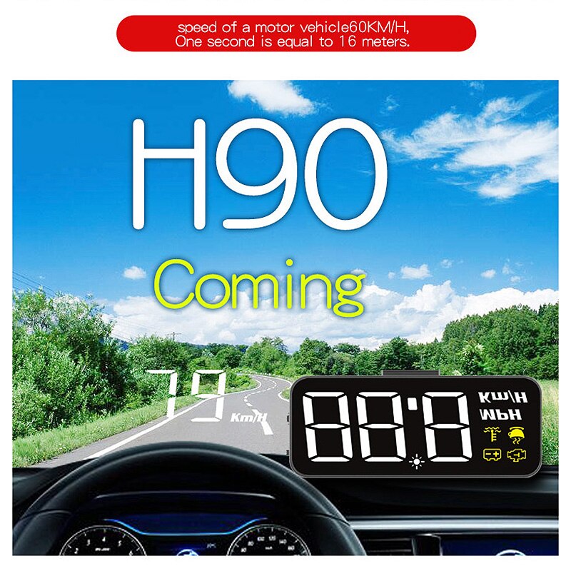 1 Juego de cabezal de coche negro HUD H90 pantalla Digital de 3,2 pulgadas proyector de velocidad de parabrisas alarma de seguridad temperatura de agua sobrecalentamiento RPM Volt