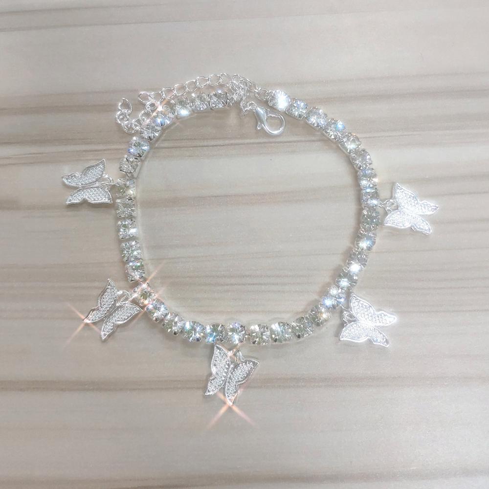 GLAMing Nette Gold Schmetterling Fußkettchen Armband für Frauen Strass Fuß Knöchel Kette Schmuck Schmetterling Anhänger: Silber überzogen