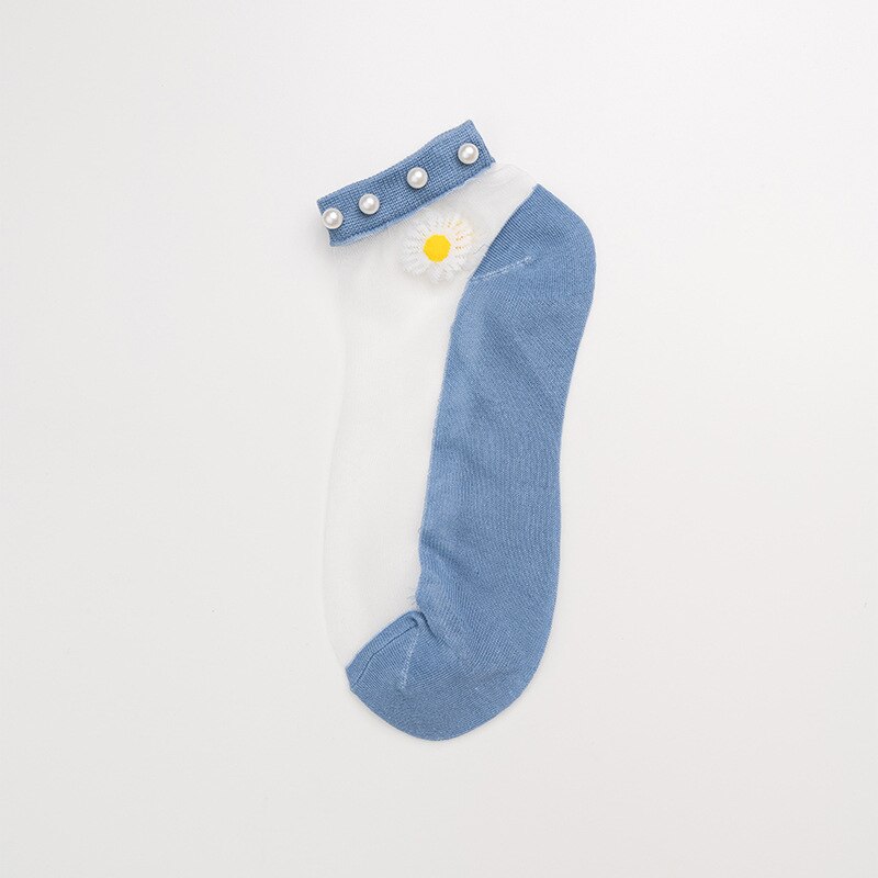 Breathable Thin Socks Women Summer Transparent Lace Socks with Pearl Lady Glass Silk Cotton Mesh Daisy Socks Nylon Ankle Socks: Deep Blue