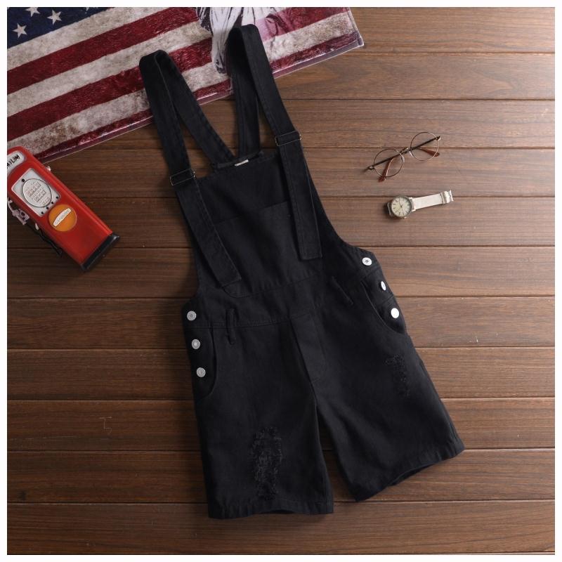 Summer Men's Shorts Bib Overall Jeans Short Male Casual Ripped Denim Jumpsuits Jeans Shorts Pants Khaki White Black: Black / XXL