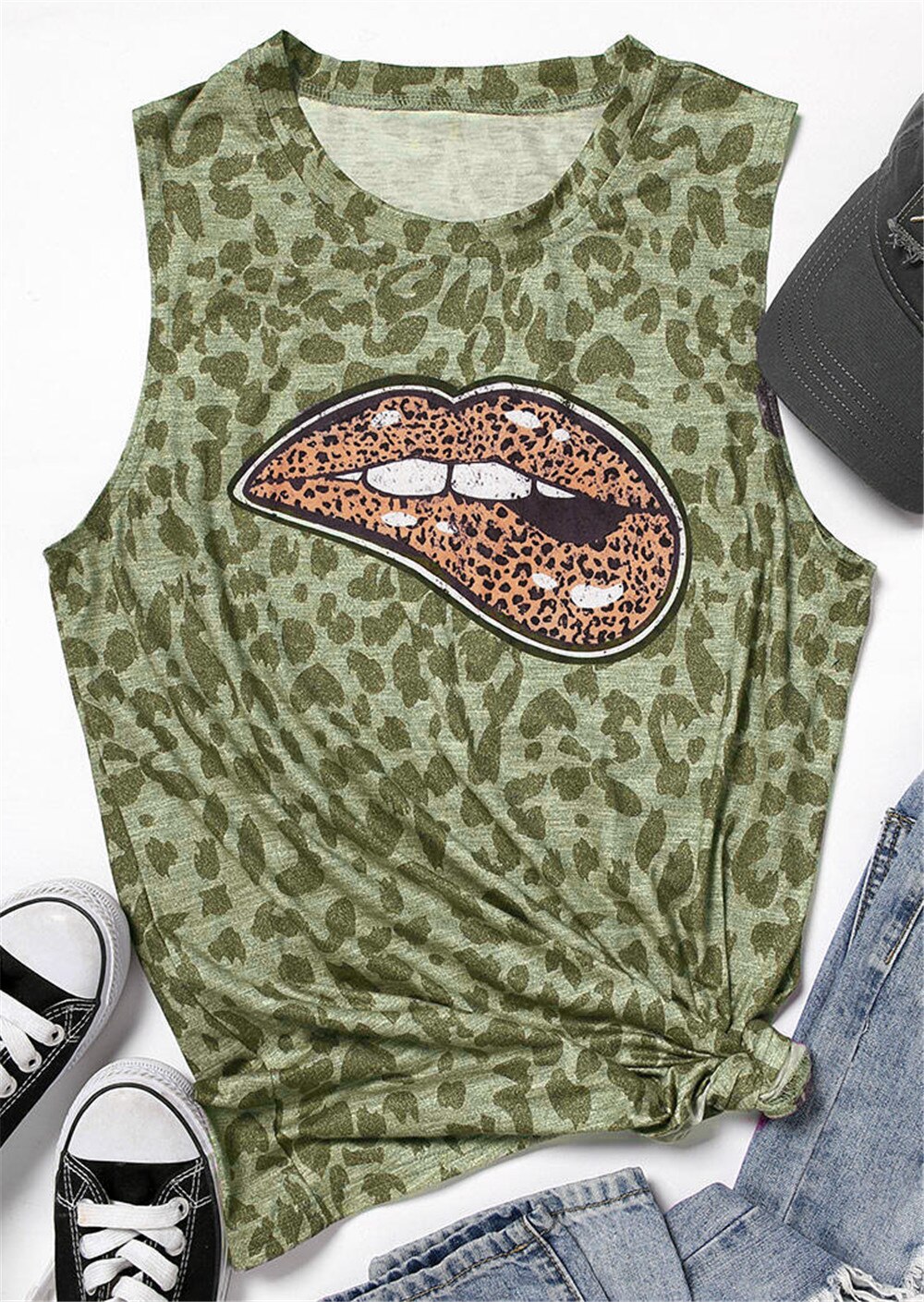 Luipaardprint dames tanktops met panterprint, ronde hals, mouwloos, oversized tanktop, dames zomer harajuku kleding: Groente / Xl