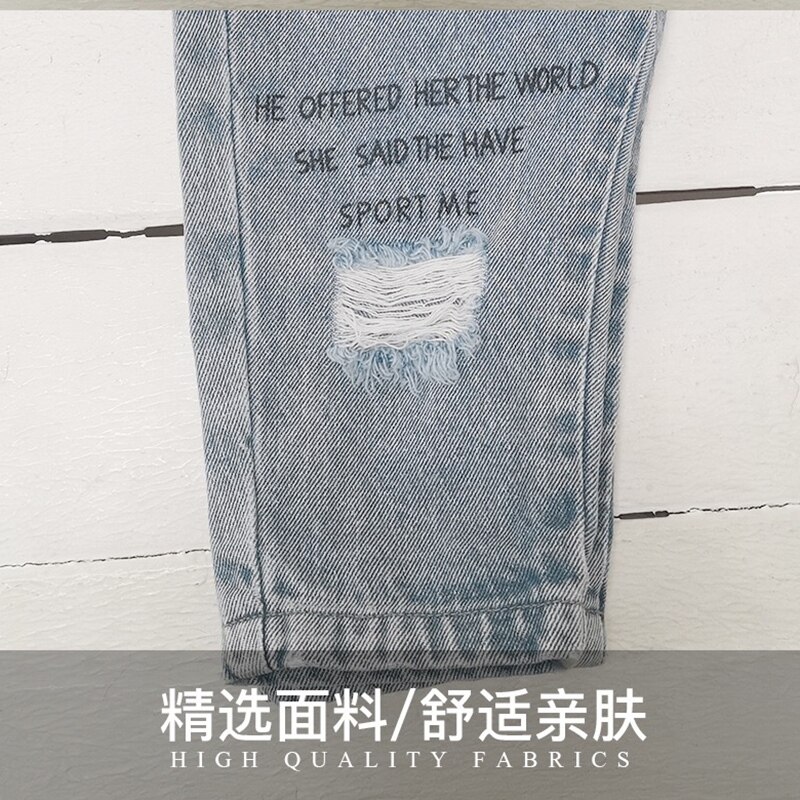 Children's Korean-style ripped jeans letter printed trousers spring and autumn boy pants street trend denim trousers