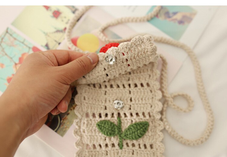 handgefertigt Mädchen Häkeln Strick Blumen- Klappe Schulter Tasche Girly Teenager Kleine Größe Aushöhlen Nette Smartphone Schlinge Umhängetasche