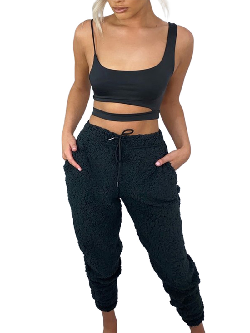 Pantalon pyjama à la cheville pour femmes, poches chaudes, couleur unie, cordon de serrage, taille naturelle, polaire