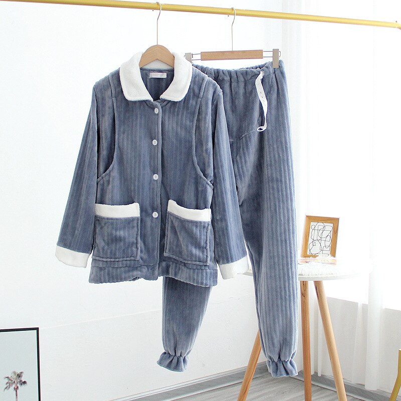 Fdfklak-Pijama de franela gruesa y cálida para mujer, Ropa premamá invierno, Pijama de Enfermería de manga larga para lactancia