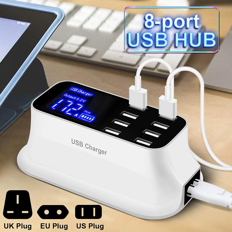 Multi-port USB Smart Muur Fast Charger + 8 USB Opladen Hub + 1.5m Kabel LCD Backlit Hoge snelheid US/UK/EU Plug
