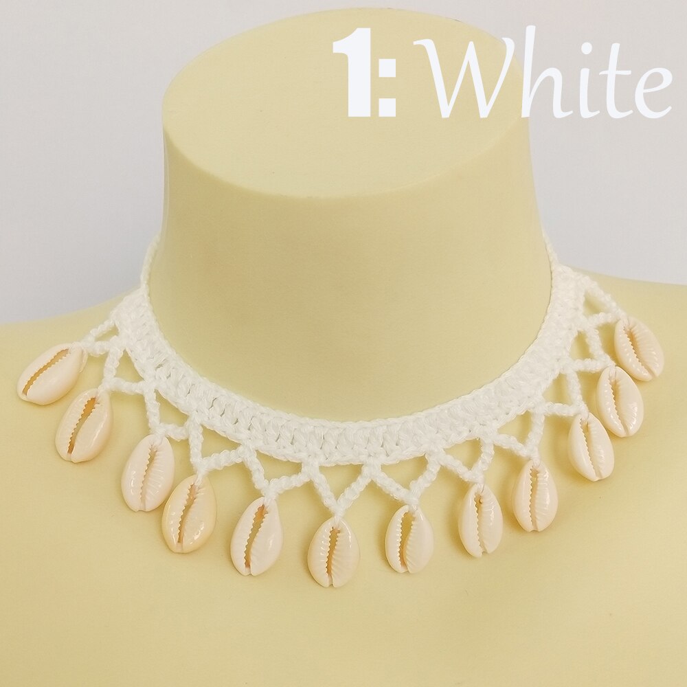 Buy 2 Get 30% Off Girl Cute Sea Shell Choker Necklace Crochet Bohemian Beach Tassel Necklace Shell Chain For Women Pendant: white
