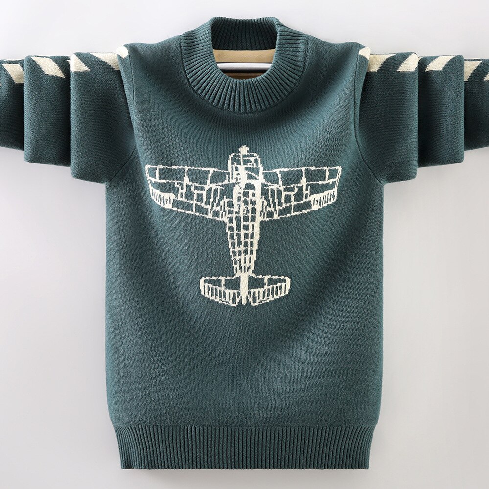 Suéter tejido pulóver para niños, ropa de invierno para mantener el calor, algodón, cuello redondo, 6-14: Verde / 6