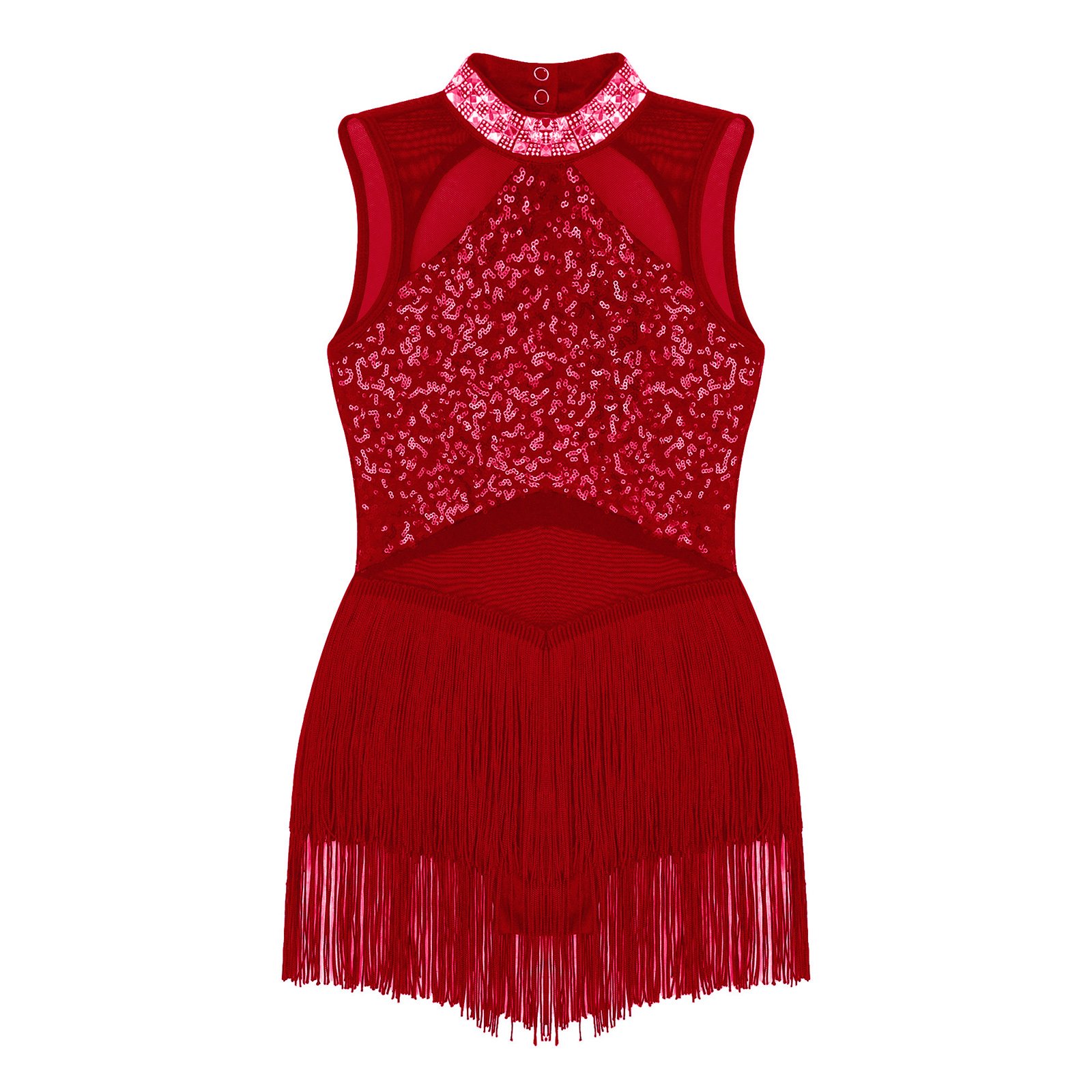 Vestido de baile latino para niñas, lentejuelas brillantes, malla transparente, dobladillo con borlas, Ropa de baile de Jazz moderna, leotardo de Ballet, traje de baile de patinaje