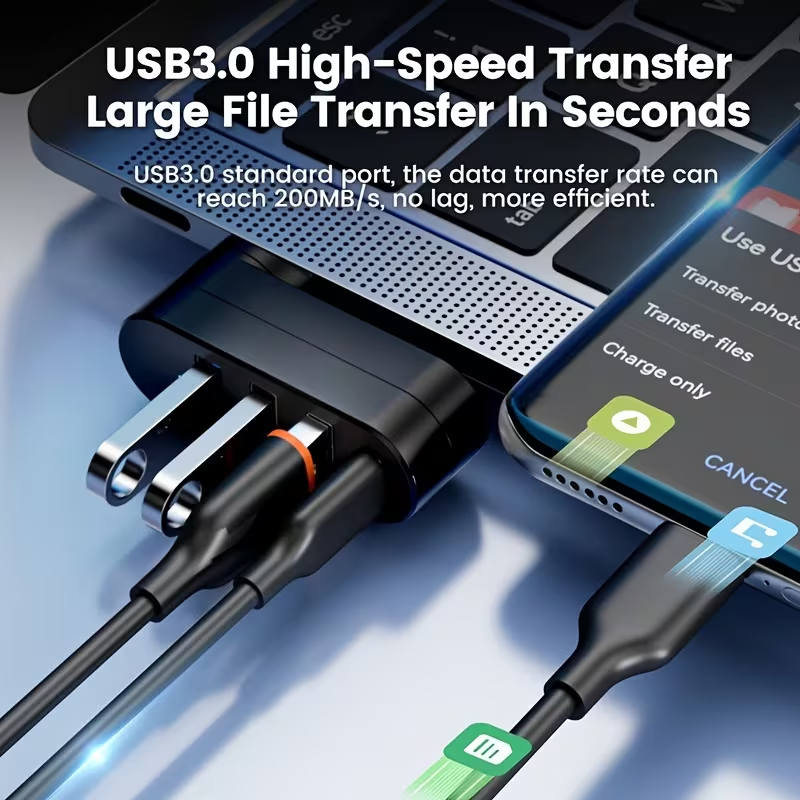 4-poorts USB 3.0-hub [90 ° , 180 ° Draaibare USB-splitter, 3 USB-poorten en 1 USB-C voedings-/gegevenspoort, USB-verlenger voor laptops, auto's