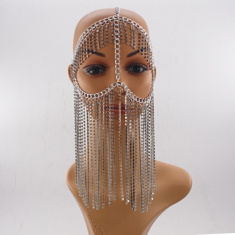 Guldfarve pandebånd metal lang kvast hoved kæde fest hår tilbehør hovedstykke smykker til kvinder: Rhodium