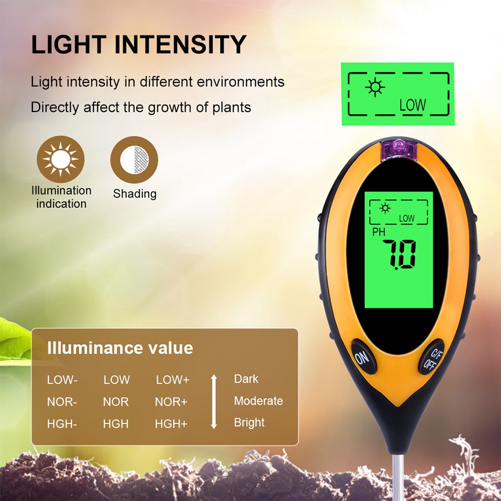 4 en 1 numérique ph-mètre sol humidité moniteur mètre température lumière du soleil intensité mesure analyse acidité alcali outil