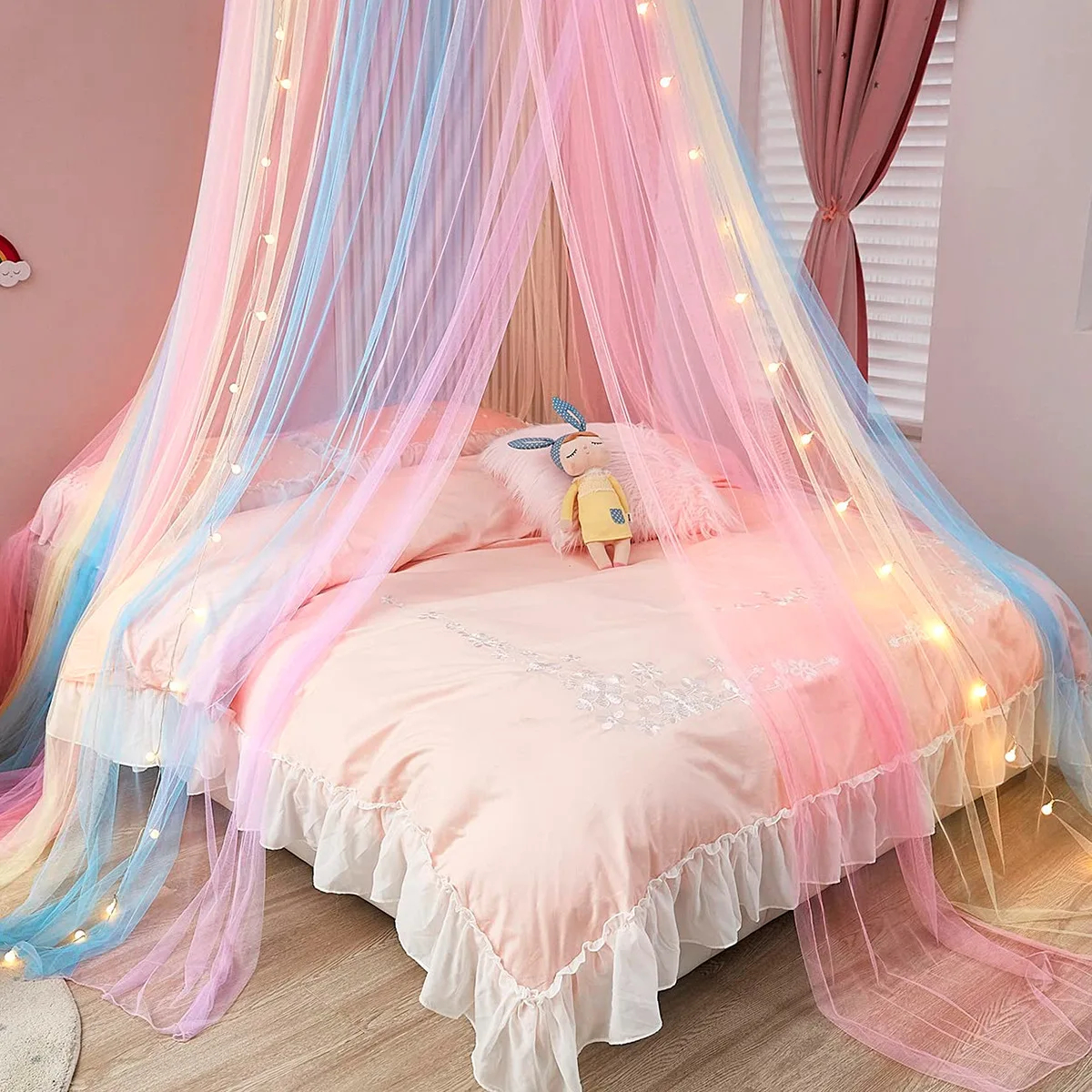 Rainbow Bed Canopy Polyester Mosquito Net Princess Bed Curtains from Ceiling Bedroom Decor for Girls