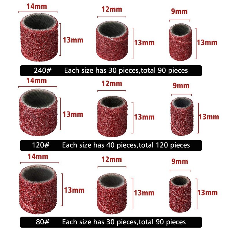 307 pièces tambour ponceuse ensemble ponçage tambour Kit 300 pièces bande de ponçage manches (80 #/120 #/240 #) + 6 pièces tambour mandrins pour Dremel