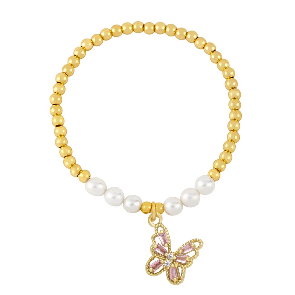 Flola Koper Zirkoon Vlinder Armbanden Voor Vrouwen Gouden Kralen Ketting Elastische Touw Parel Armband Crystal Sieraden Brtf64: Pink