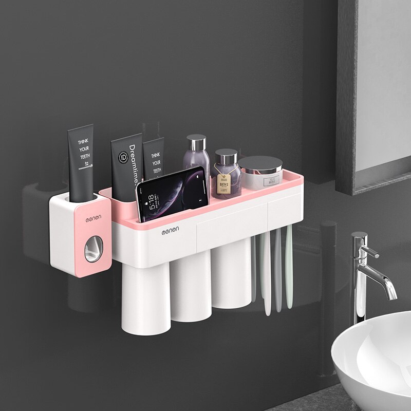 Toothbrush Holder Bathroom Accessories Toothpaste Squeezer Dispenser Storage Shelf Set For Bathroom Magnetic Adsorption With Cup: Pink 3 Cups Sets