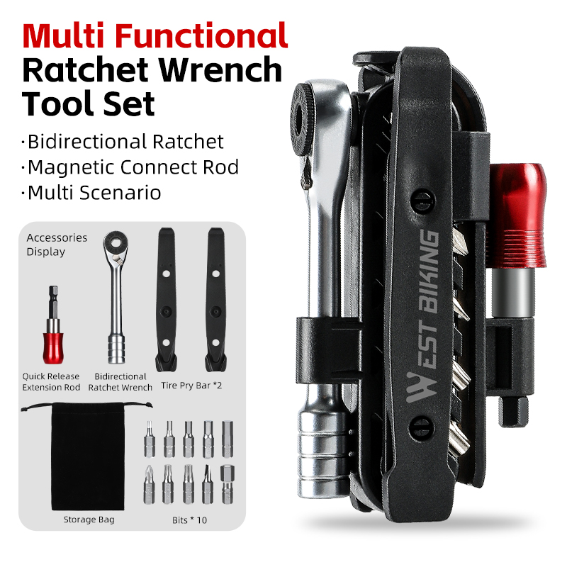 WEST BIKING Portable Ratchet Wrench Kit Multifunction Bicycle Tools 14 In 1 Multitool Set Tyre Lever MTB Road Bike Gadgets: Default Title