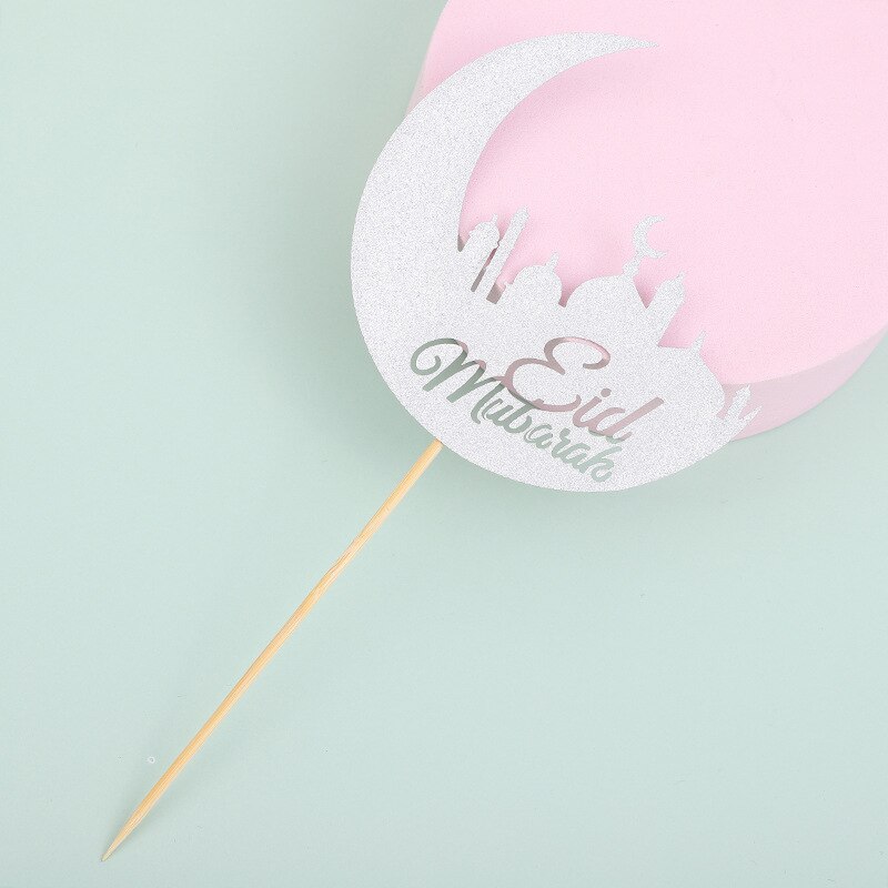 10pcs Eid Mubarak Cupcake Topper Glitter Moon Cake Toppers for Eid Ramadan Party Cake Decoration Gold Silver Black Cake Supplies: 10PCS White