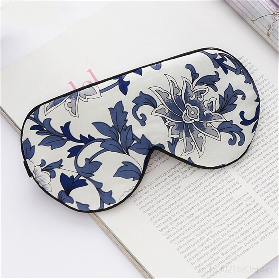 Mascarilla de seda de mora para dormir, 100% de porcelana china con estampado Floral, súper lisas, antifaz para dormir de viaje, azul y blanco: A