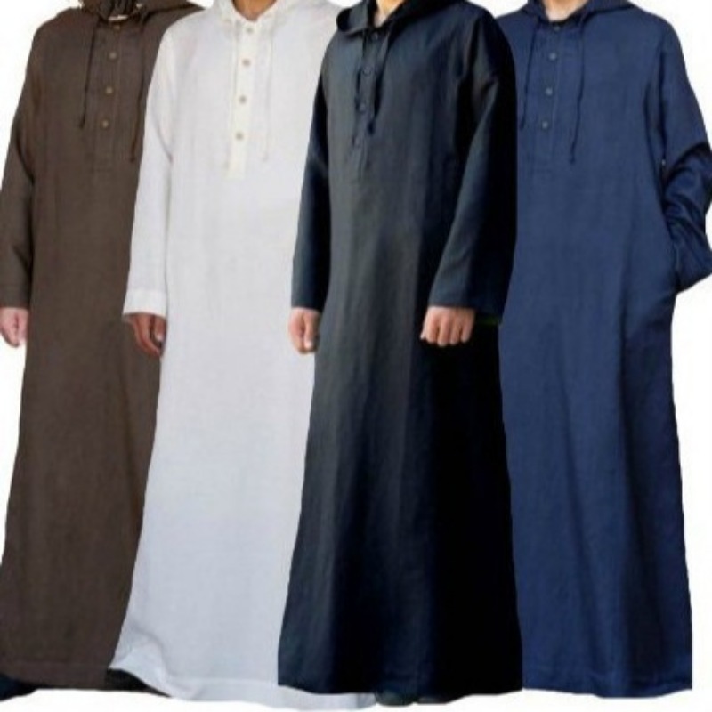 Muslim Man Hooded Long Abaya Leisure Cotton Kaftan Jubba Men Adults Jubba Thobe Islamic Tunic Saudi Arabic Dress Kamis Homme